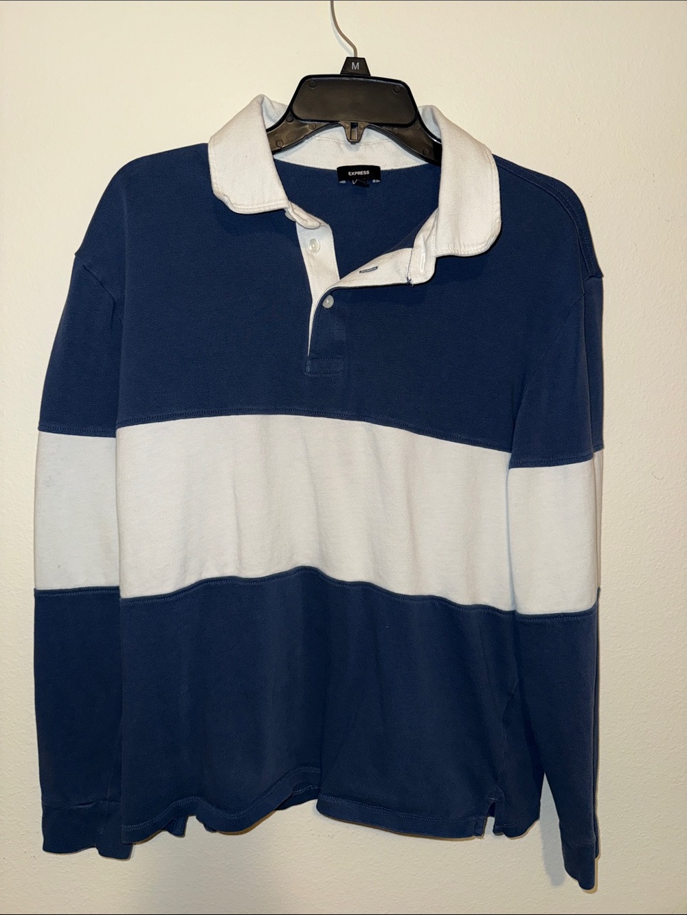 Express Navy and White Long-Sleeve Rugby Polo M
